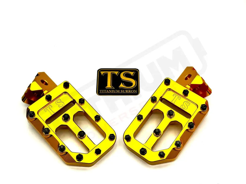 TS Custom Foot Pegs w/ Titanium Grips for Surron and Most Light EMoto - Gold / Black - Titanium Grip Footpegs