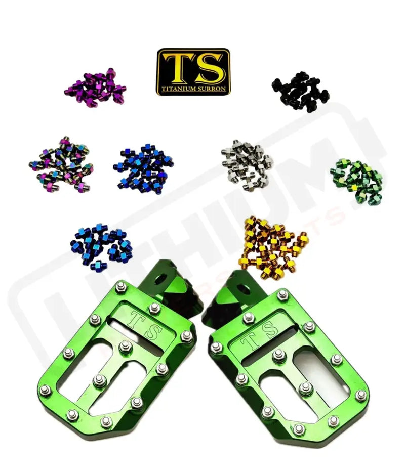 TS Custom Foot Pegs w/ Titanium Grips for Surron and Most Light EMoto - Green / Burnt Blue - Titanium Hardware