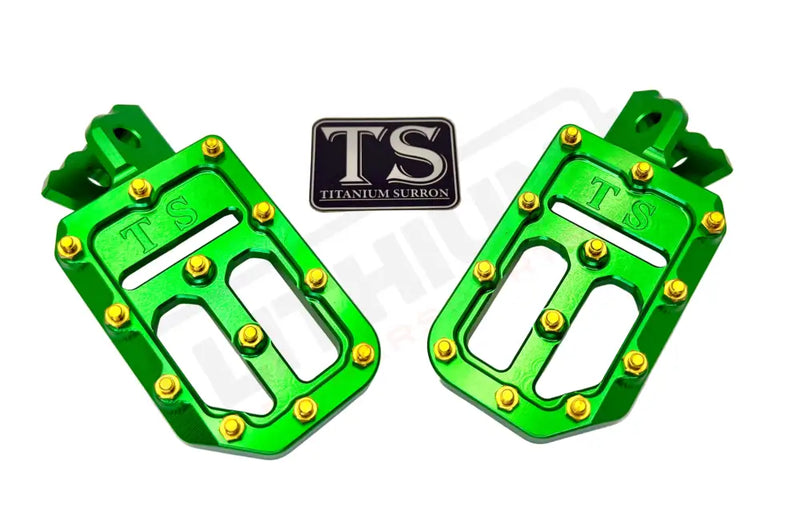 TS Custom Foot Pegs w/ Titanium Grips for Surron and Most Light EMoto - Green / Gold - Titanium Grip Footpegs