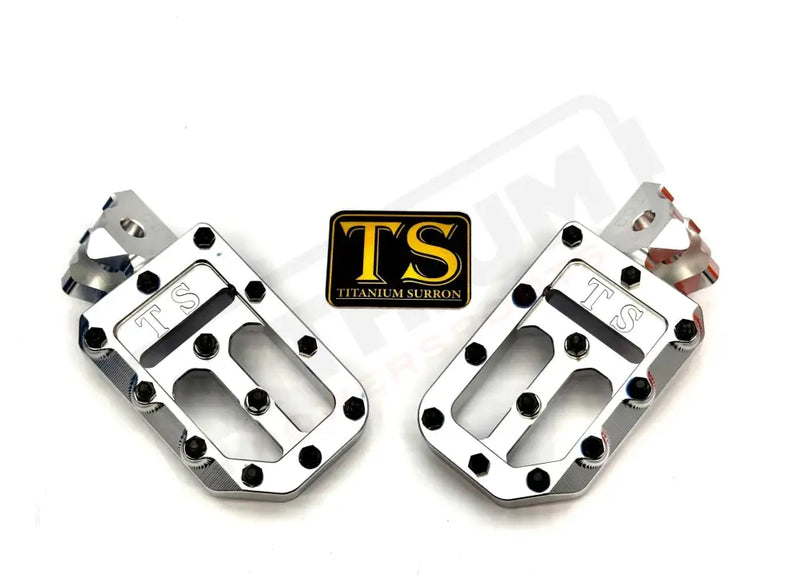 TS Custom Foot Pegs w/ Titanium Grips for Surron and Most Light EMoto - Silver / Black - Titanium Grip Footpegs
