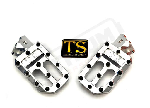 TS Custom Foot Pegs w/ Titanium Grips for Surron and Most Light EMoto - Silver / Black - Titanium Grip Footpegs