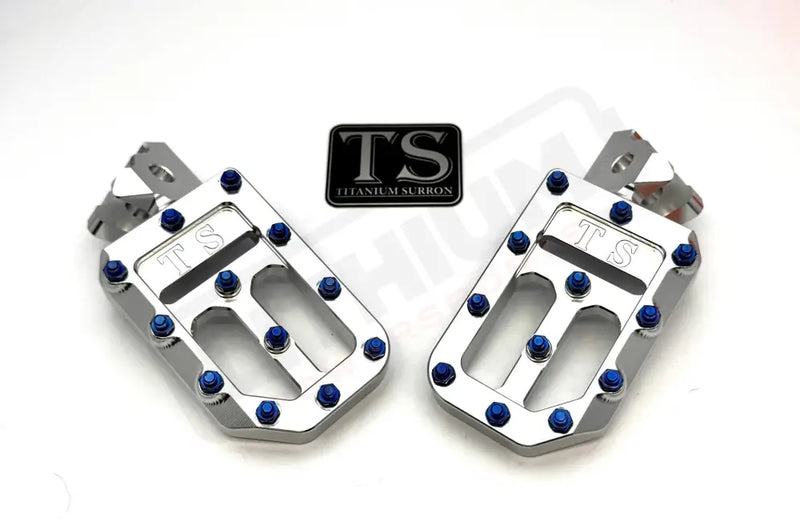 TS Custom Foot Pegs w/ Titanium Grips for Surron and Most Light EMoto - Silver / Blue - Titanium Grip Footpegs