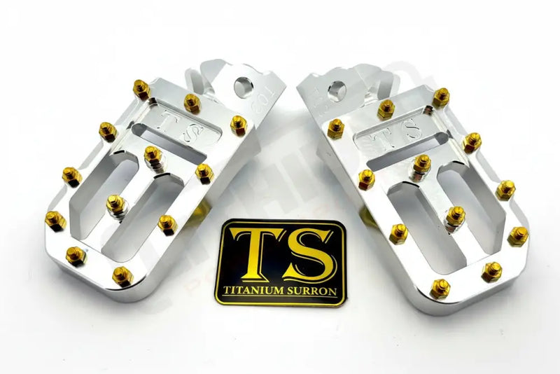 TS Custom Foot Pegs w/ Titanium Grips for Surron and Most Light EMoto - Silver / Gold - Titanium Grip Footpegs