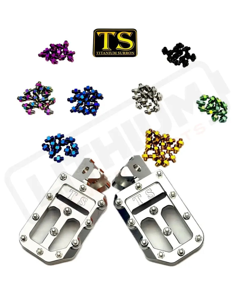 TS Custom Foot Pegs w/ Titanium Grips for Surron and Most Light EMoto - Silver / Green - Titanium Grip Footpegs