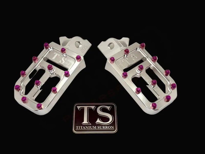 TS Custom Foot Pegs w/ Titanium Grips for Surron and Most Light EMoto - Silver / Purple - Titanium Grip Footpegs
