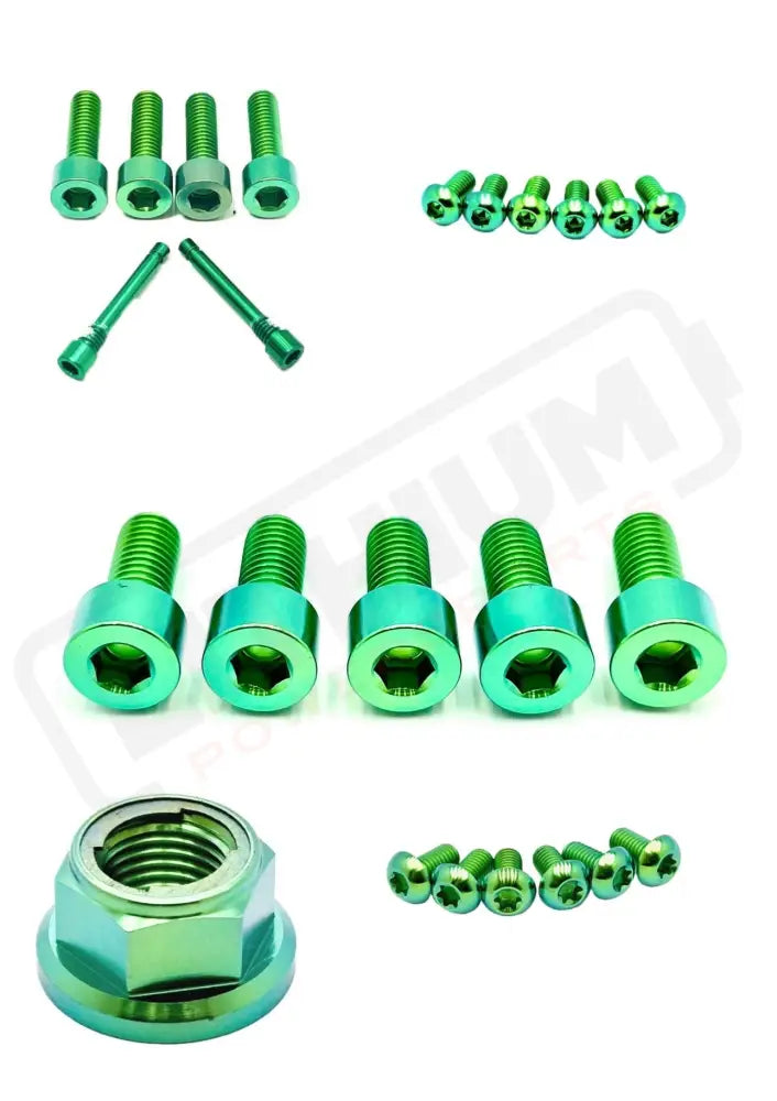 TS Titanium Front and Rear Wheel Bolt Kit - Green / 220mm rotors with spacer/ 30mm Bolts (MX4 - XXX) - Titanium Bolts